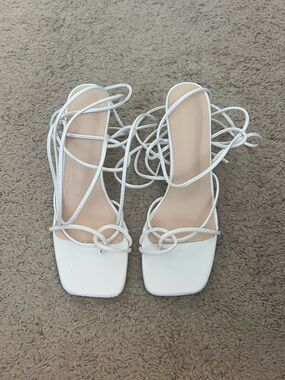 Women’s White Strappy Lace-Up Square-Toe Heels